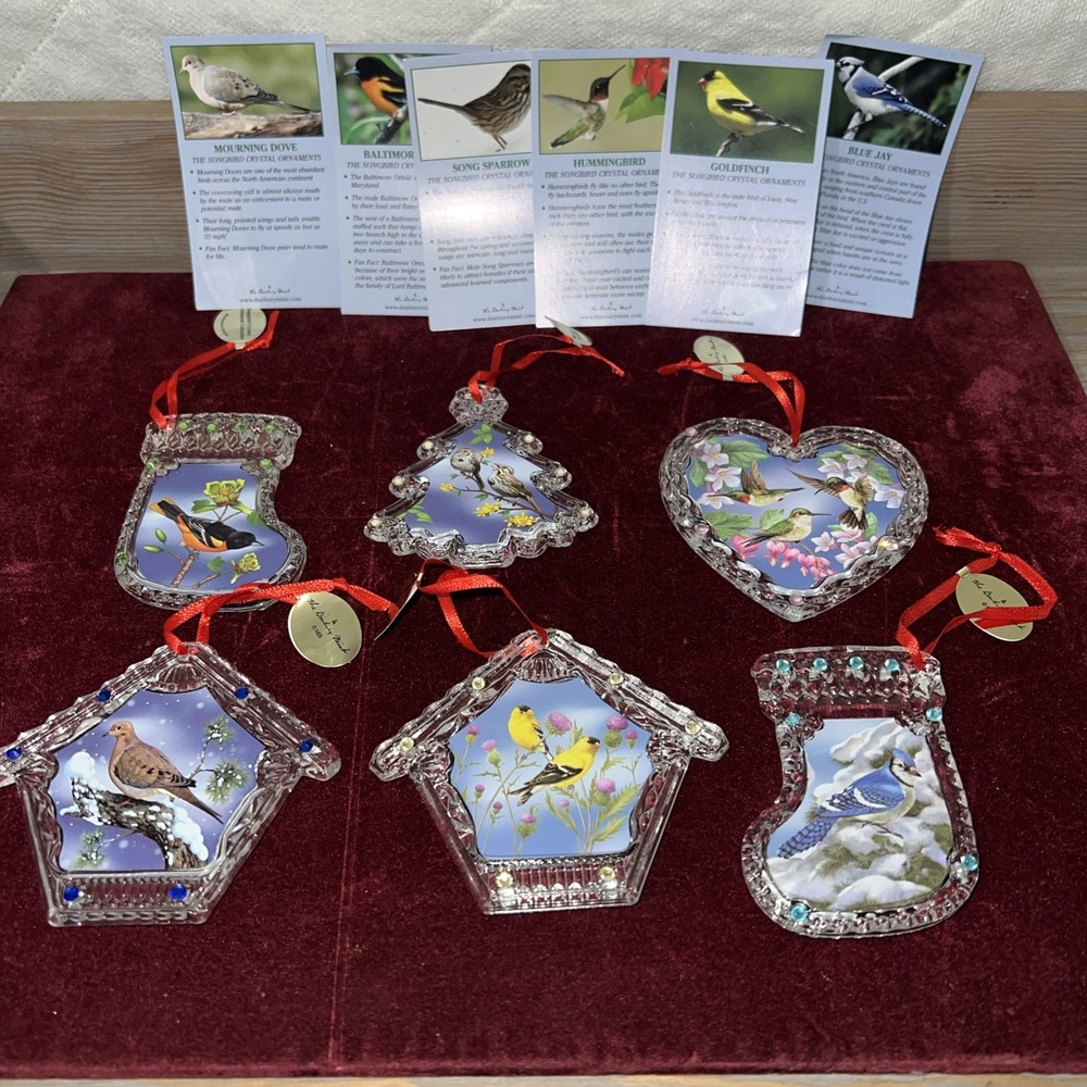 Collection of 6 Danbury Mint Song Bird Crystal Christmas Ornaments